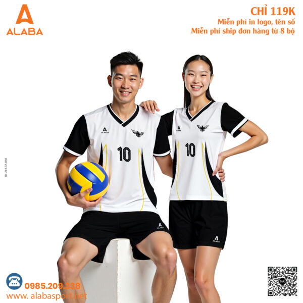 Đồng phục bóng chuyền trắng đen phối vàng thời trang năng động