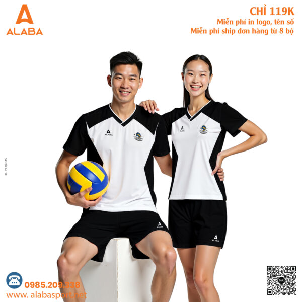 Đồng phục thể thao Alaba trắng đen Unisex cổ chữ V