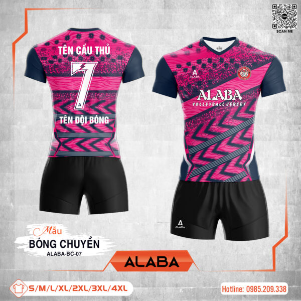 Đồng phục bóng chuyền ALABA-BC-07 màu hồng neon họa tiết xanh đậm – Nổi bật trên sân đấu