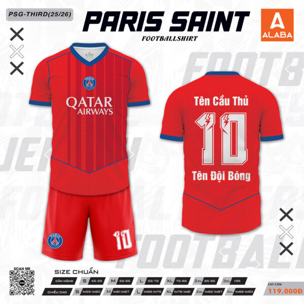 Đồng phục bóng đá PSG Third 2026 – Màu đỏ nổi bật, viền xanh dương cá tính